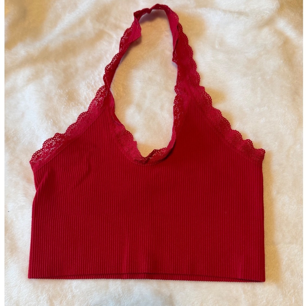 Bozzolo Womens Red Ribbed Halter Crop Top Lace Trim Sleeveless S